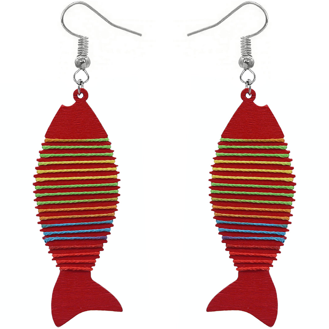Red Multicolor Wooden Woven Fish Earrings