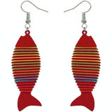 Red Multicolor Wooden Woven Fish Earrings