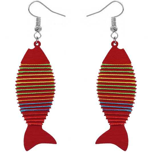 Red Multicolor Wooden Woven Fish Earrings